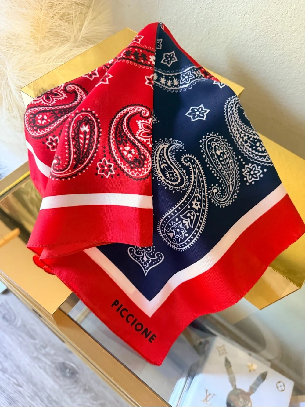 Piccione Red Navy Paisley Bandana Print Square Scarf 26” Vintage Style